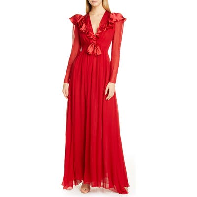 Giambattista Valli Ruffle Long Sleeve Silk Chiffon Gown, 8 IT - Red