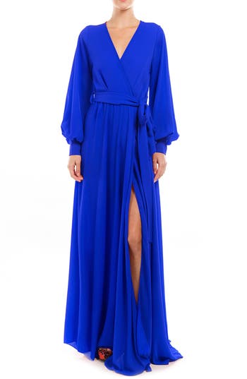 Meghan La Surplice V-neck Self Tie Wrap Maxi Dress In Royal