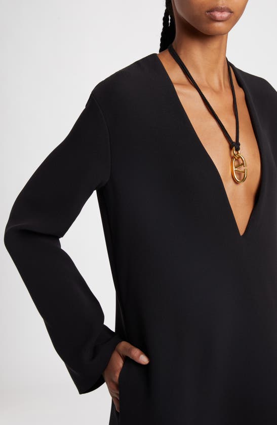 Shop Valentino Garavani Plunge Neck Long Sleeve Silk Crepe Gown In Nero