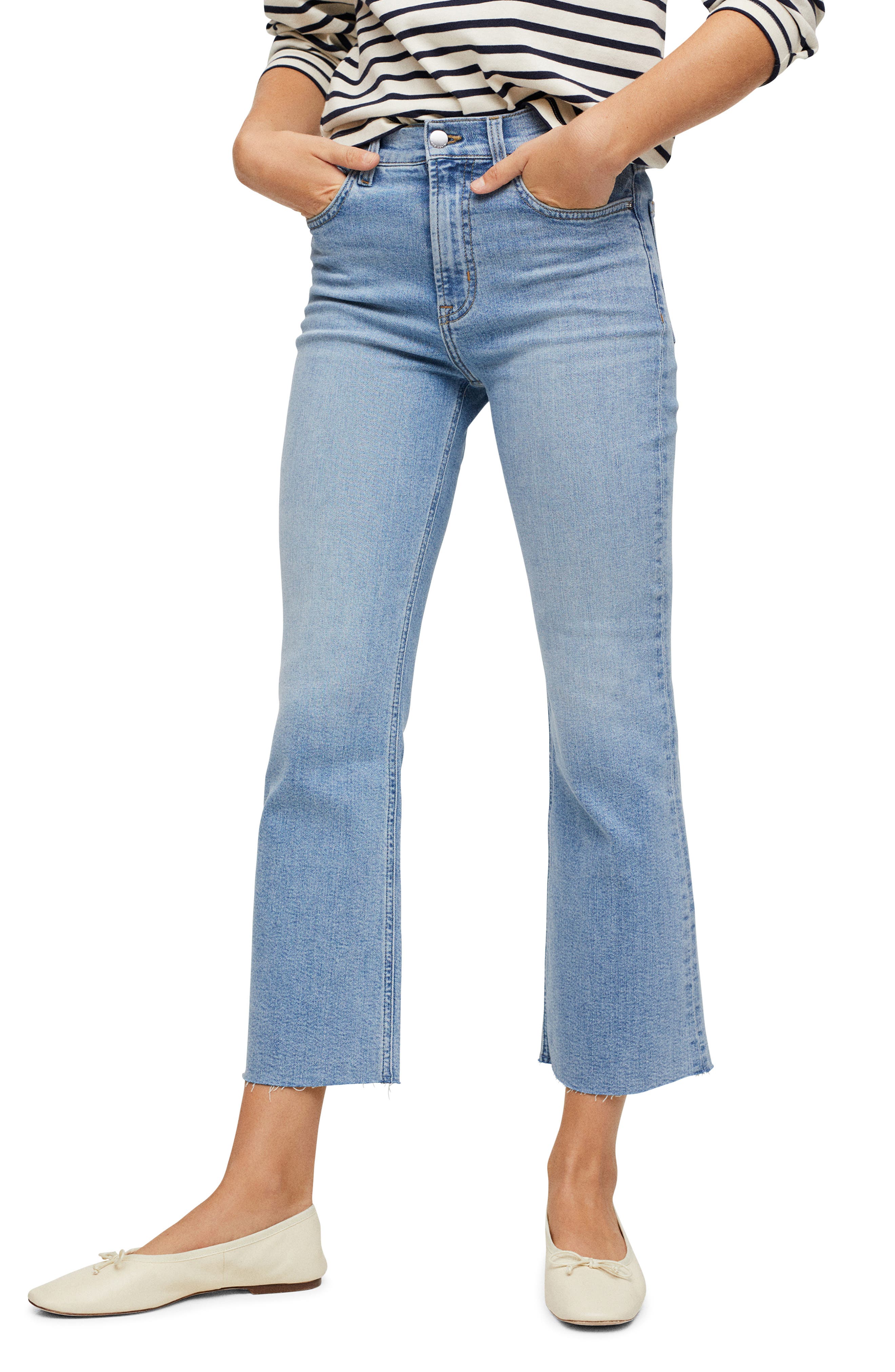 MANGO High Waist Raw Hem Crop Flare Leg 