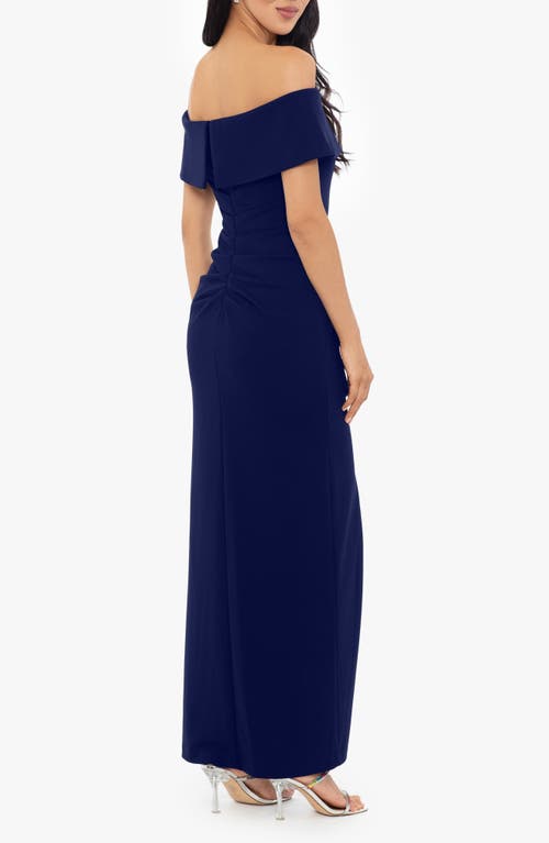 Xscape Evenings Ruched Off The Shoulder Crepe Gown In Navy