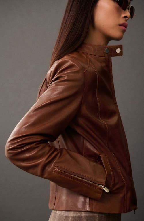 Shop Mango Leather Moto Jacket In Medium Brown