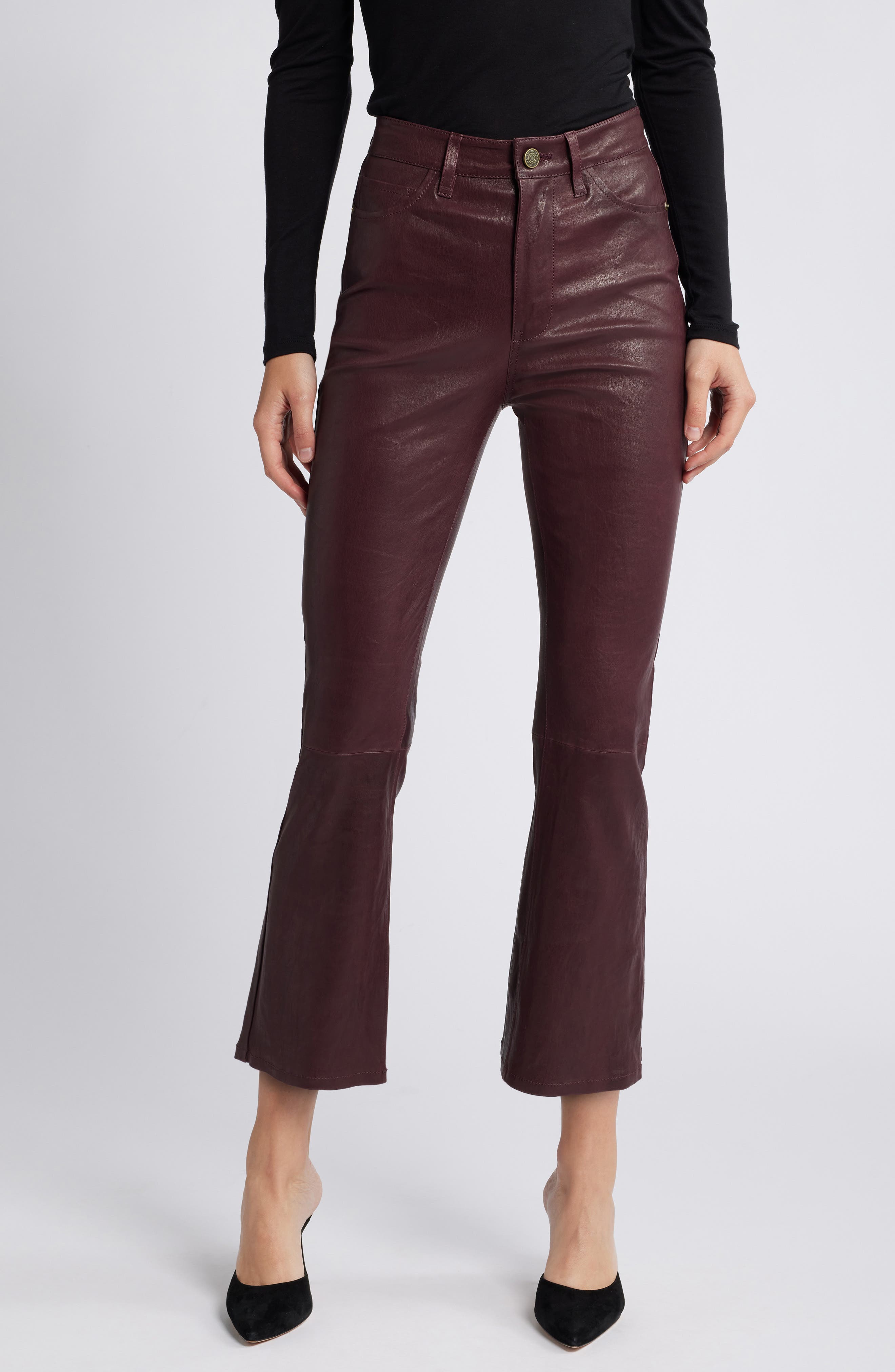 FRAME Le Crop Bootcut Leather Pants in Wine Cover