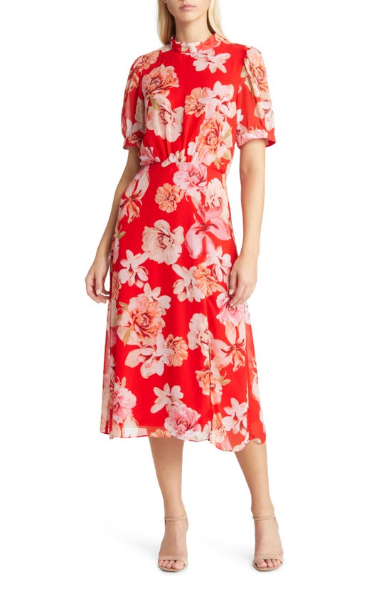 Julia Jordan Floral Puff Sleeve Mock Neck Midi Dress In Red Multi ...