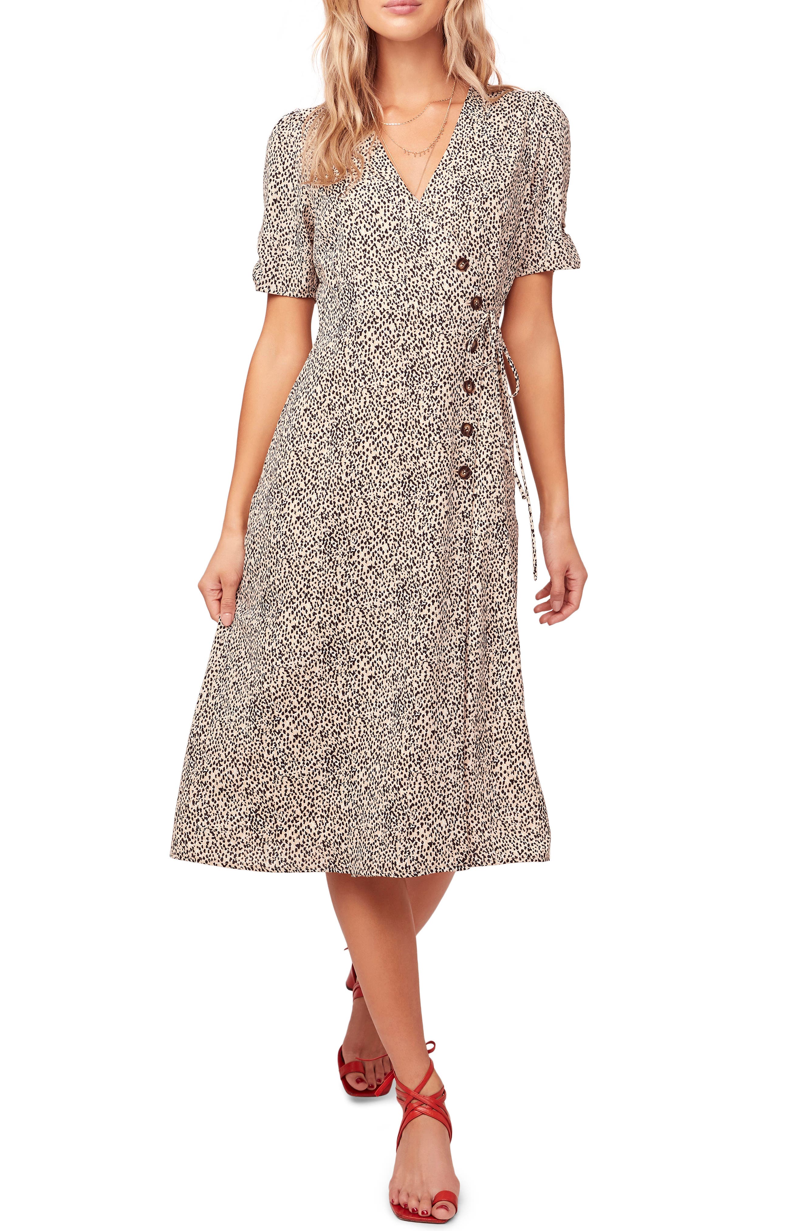 Astr The Label Kinsley Micro Print Wrap Dress, Beige