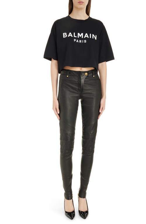 Shop Balmain Logo Crop Cotton Graphic T-shirt In Eab Black/white