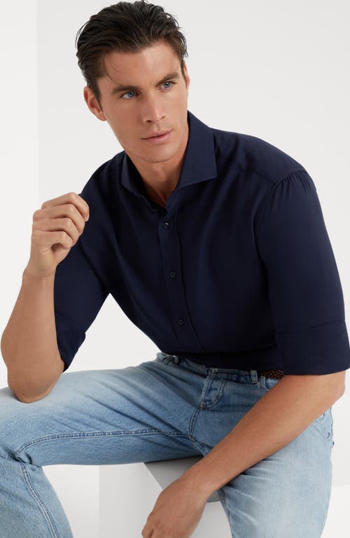 Shop Brunello Cucinelli Cotton And Cashmere Twill Basic Fit Shirt With Spread Collar In Blue