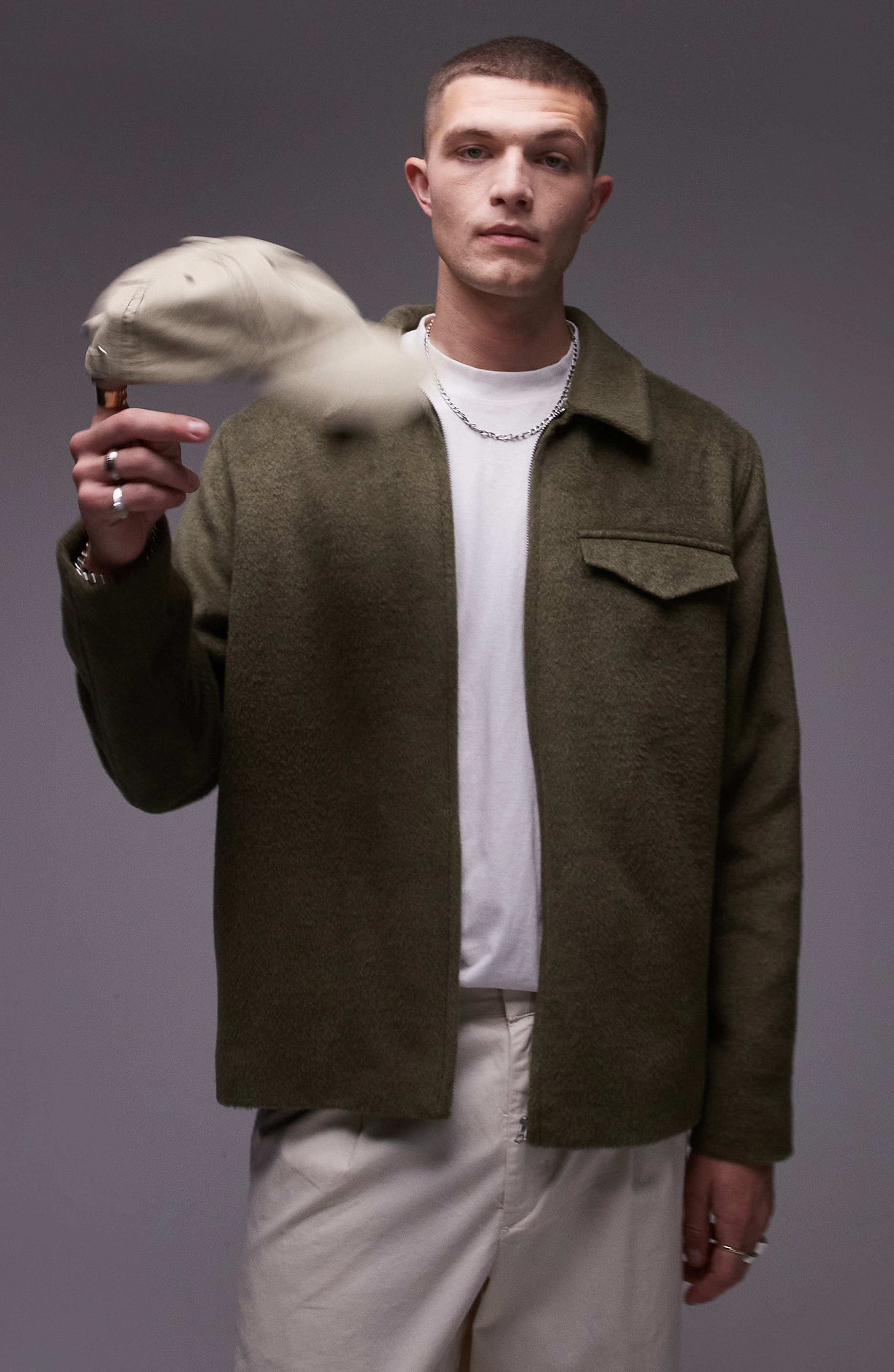 Topman Textured Zip Shacket in Khaki 