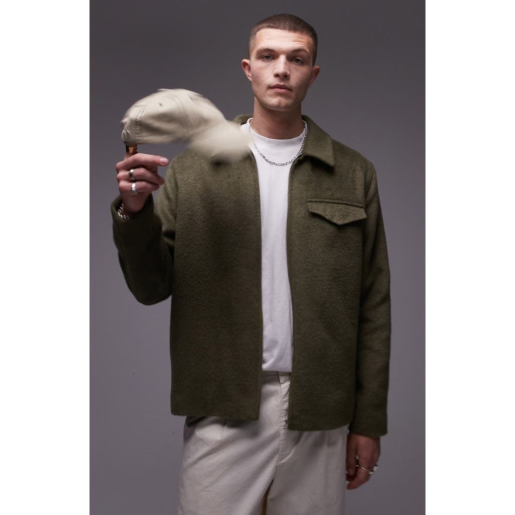 Topman Textured Zip Shacket in Khaki