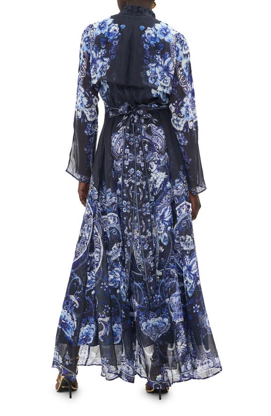 Shop Camilla Floral Cutwork Lace Collar Long Sleeve Silk Shirtdress In Delft Dynasty