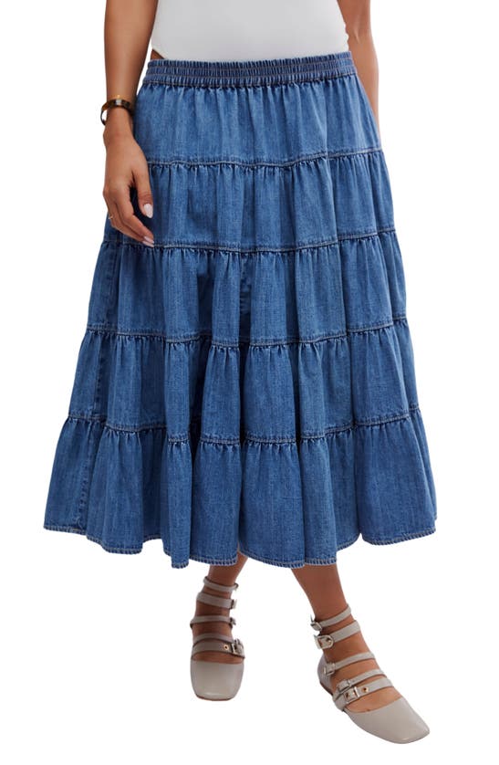 Shop Free People Chambray Tiered Midi Skirt In Cool Blue