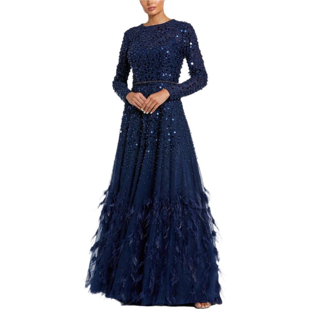 Mac Duggal Disc Embellished Sequin Gown With Feather Detail In Midnight