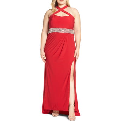 Plus Size MAC Duggal Crisscross Neck Evening Dress, Red