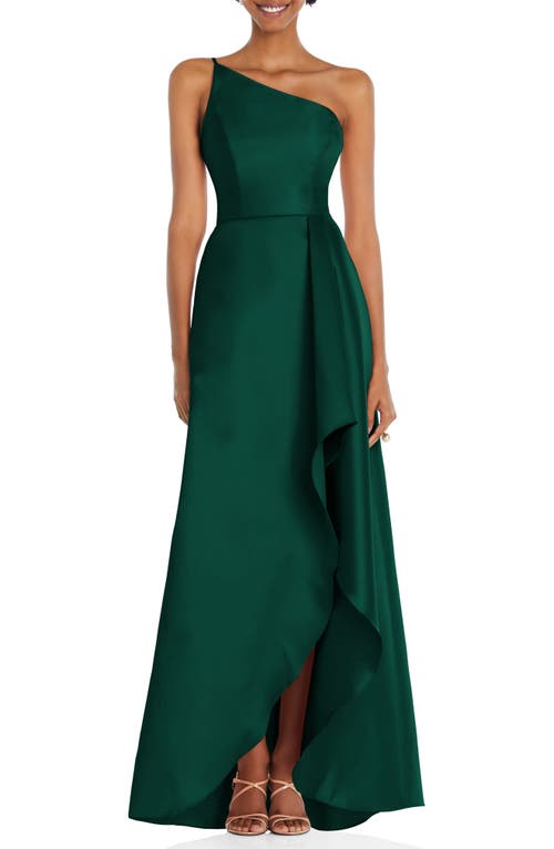 One-Shoulder Satin Gown in Hunter Green