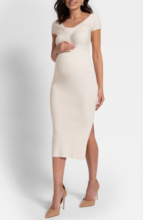 Seraphine Rib Knot Detail Off The Shoulder Midi Maternity Dress In Ecru