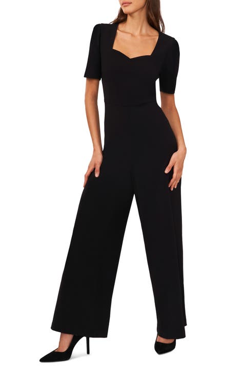 Dressy Jumpsuits Womens One Piece Short Sleeve Long Rompers Overall Cut Out  V Neck Wide Leg Work Dress Jumpsuit (Small, Black) 