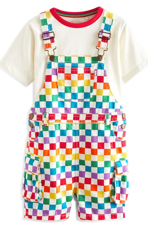 Little Bird Kids' Checkerboard Short Overalls & T-Shirt Set White Rainbow at Nordstrom, Y