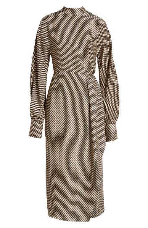 Zoe And Claire Squiggle Line Long Sleeve Mock Neck Midi Dress In Taupe/black