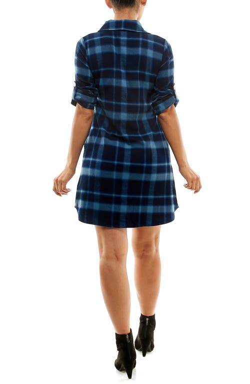 Shop Nina Leonard Collared Tab Plaid Shirtdress In Navy/blue Moon