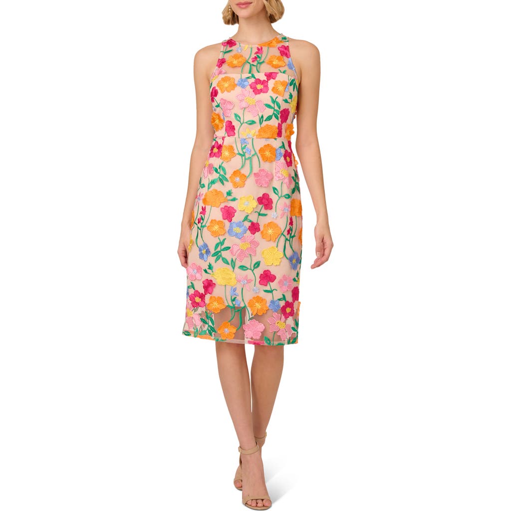 Adrianna Papell Floral Embroidered A-line Midi Dress In Pink/yellow Multi