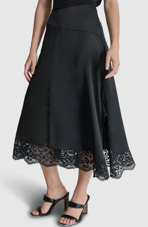 Shop Dkny Mixed Media Lace Trim Midi Skirt In Black/black