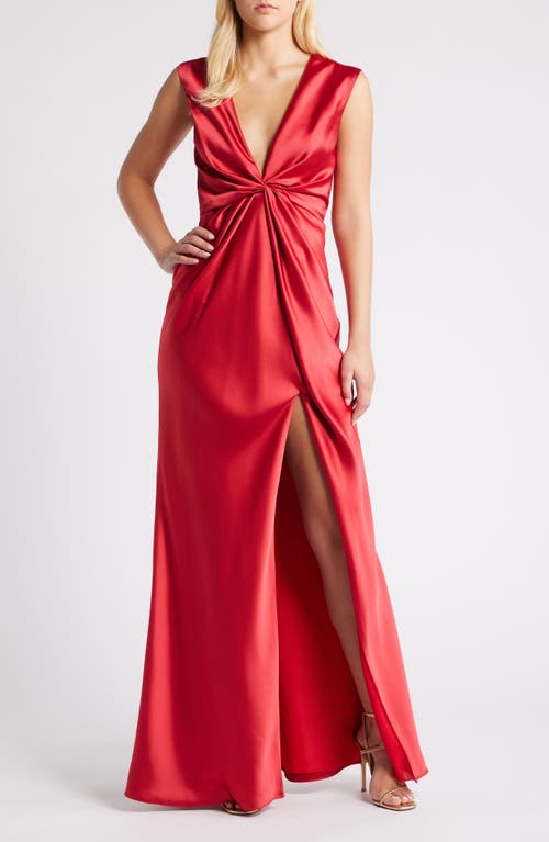 Shop Amsale Twist Front Satin V-neck Gown In Lipstick Red