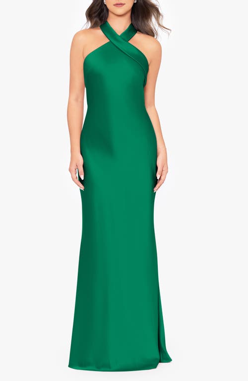 Xscape Evenings Halter Neck Satin Trumpet Gown In Emerald