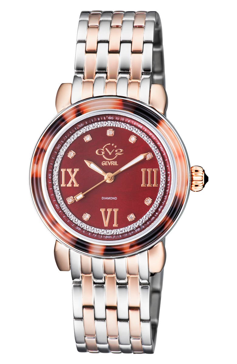 GEVRIL GV2 Women's Marsala Brown Mother Of Pearl & Diamond Dial Two ...