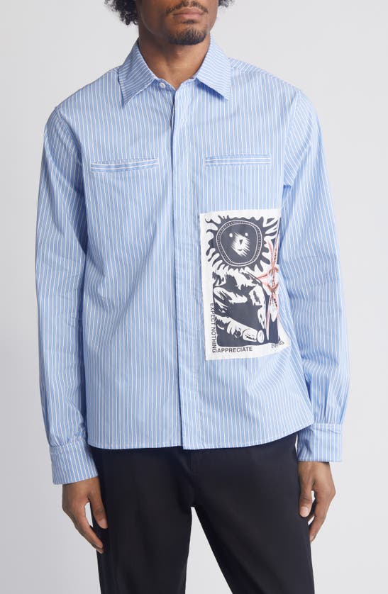 Shop Jungles Expect Nothing Stripe Graphic Button-up Shirt In Blue/ White