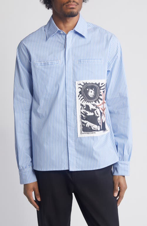 Expect Nothing Stripe Graphic Button-Up Shirt in Blue/White