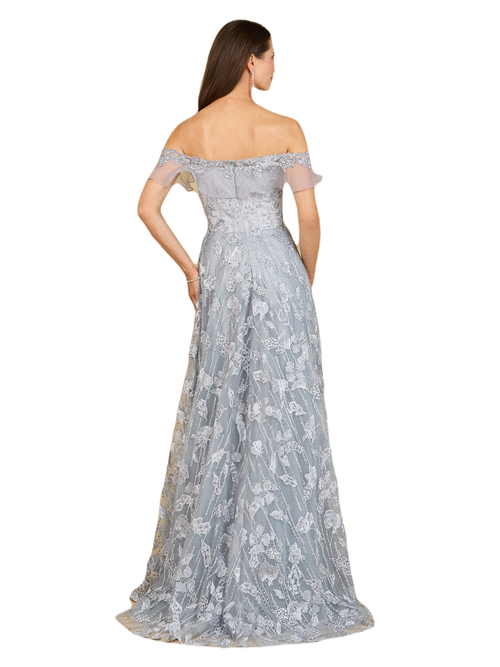 Lara New York Flutter Off Shoulder Lace Gown In Slate