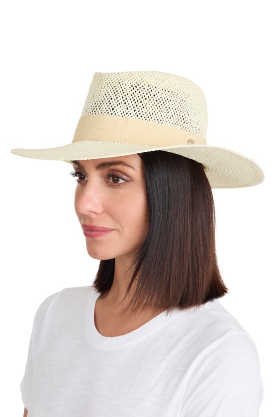 Shop Bruno Magli Open Straw Weave Ribbon Band Fedora Sun Hat In Natural With Beige