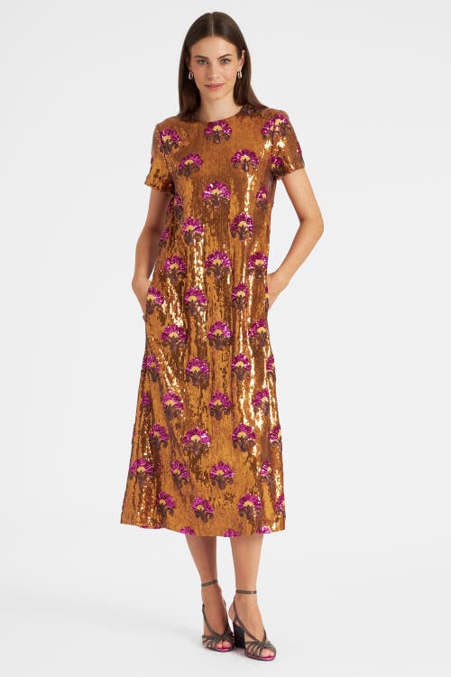 La Doublej Embellished Super Swing Dress In Textured Sequins Rust