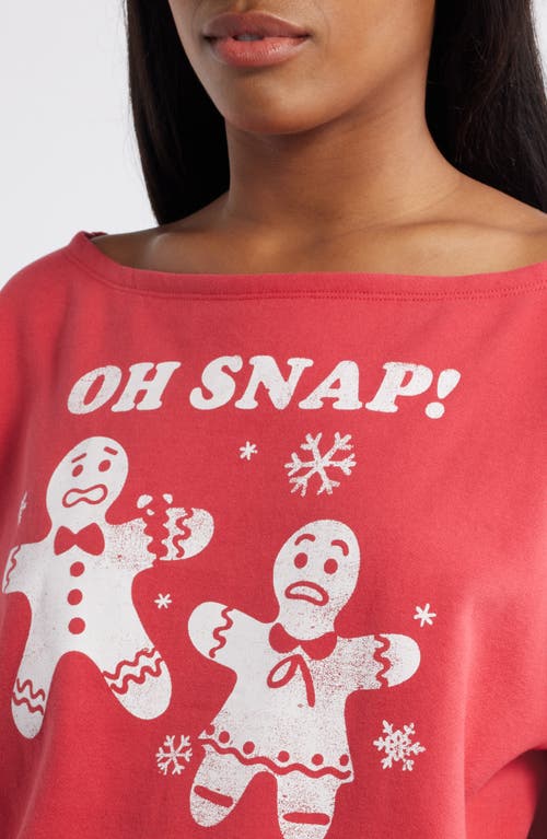 Vinyl Icons Oh Snap Holiday Off The Shoulder Graphic Fleece Sweatshirt In Red