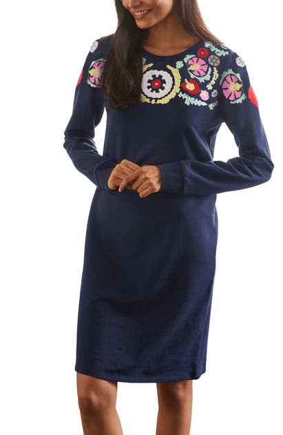 Click to view more detailed imagery on our partner's website Boden Crewneck Sweatshirt Dress In Navy, Multi Embroidery