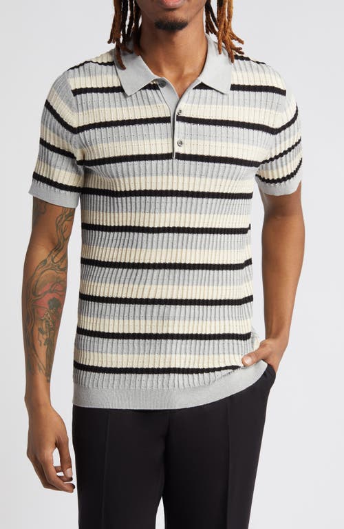 Texture Stitch Polo Sweater in Grey Heather Beige Stripe