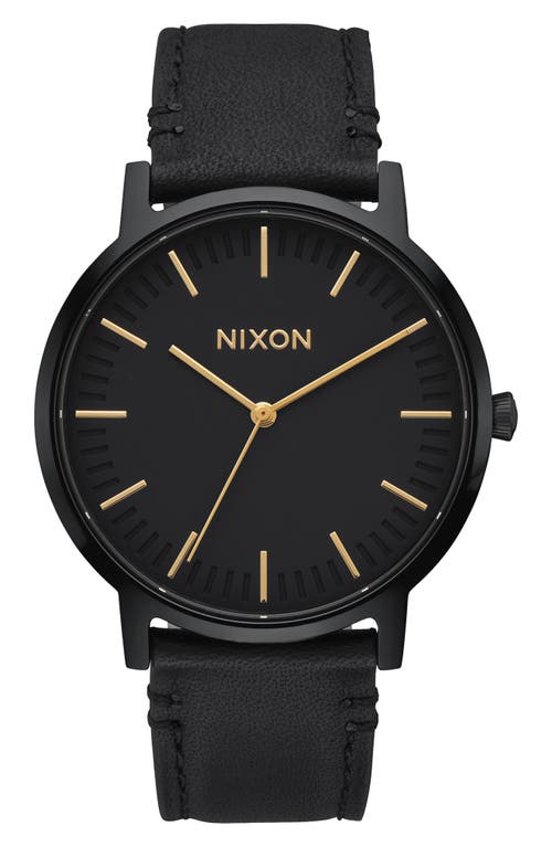 Shop Nixon Porter Round Leather Strap Watch, 40mm In Black/gold