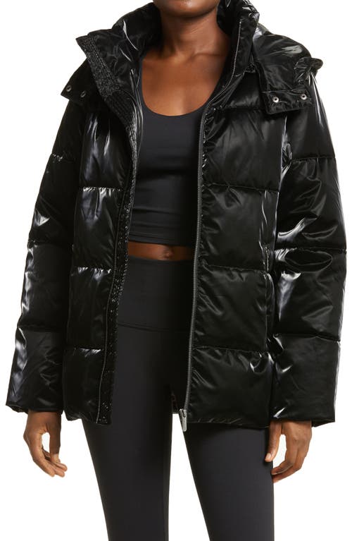 zella Snow Puffer Jacket with Removable Hood in Black Shine