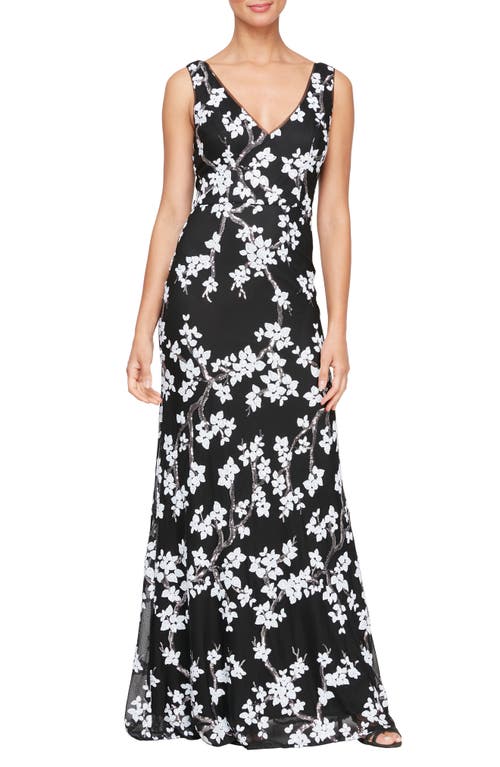 Alex Evenings Sequin Floral Gown Black White at Nordstrom,