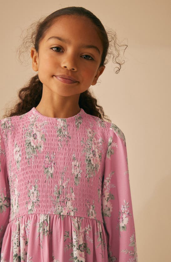 Shop Laura Ashley Kids' Smocked Long Sleeve Midi Dress In Pink Floral