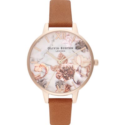 Olivia Burton Marble Florals Leather Strap Watch,