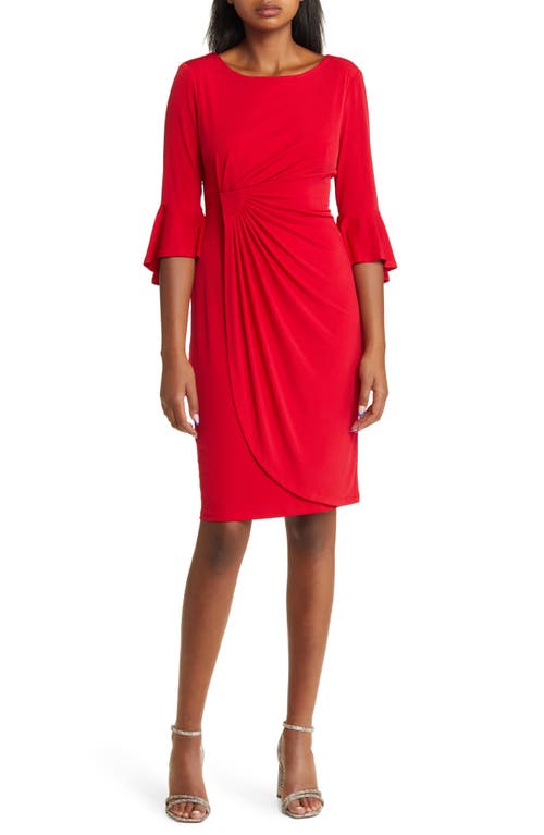 Ruched Bell Sleeve Faux Wrap Cocktail Dress in Apple Red
