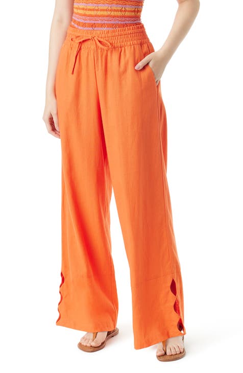 Bright Orange Plisse High Waist Wide Leg Pants