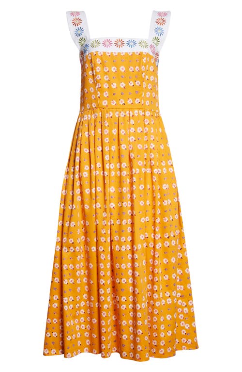 Autumn Adeigbo Chloe Floral Embroidered Stretch Cotton Midi Sundress in Orange Daisy