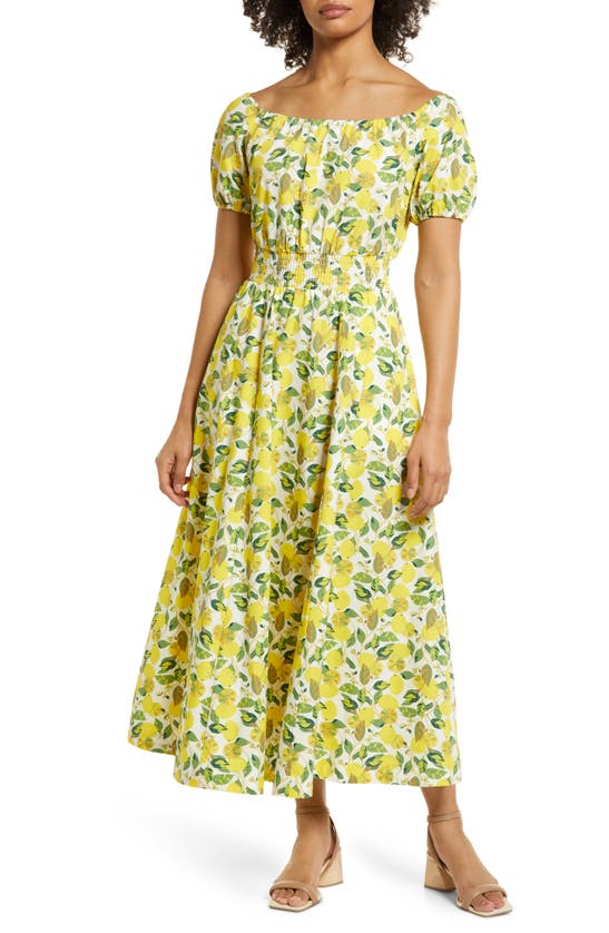 Boden Off The Shoulder Cotton Maxi Dress In Ivory And Yellow Lemon Vine