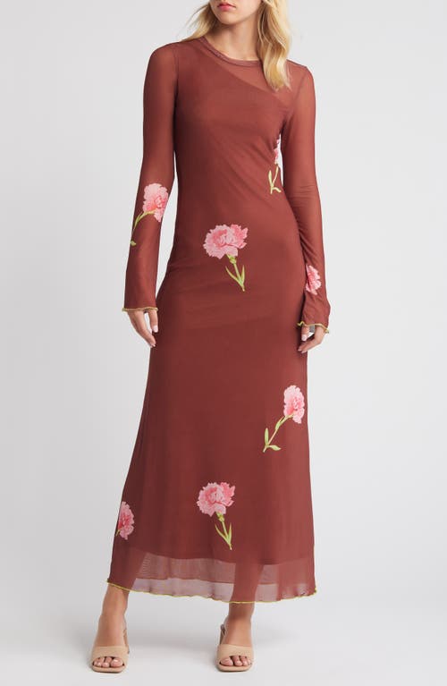 SOMETHING NEW Babe Floral Long Sleeve Maxi Dress in Cherry Mahogany Babe Print at Nordstrom, Size X-Small