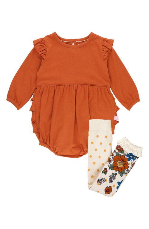 Shop Rufflebutts Long Sleeve Romper & Floral Leggings Set In Rust