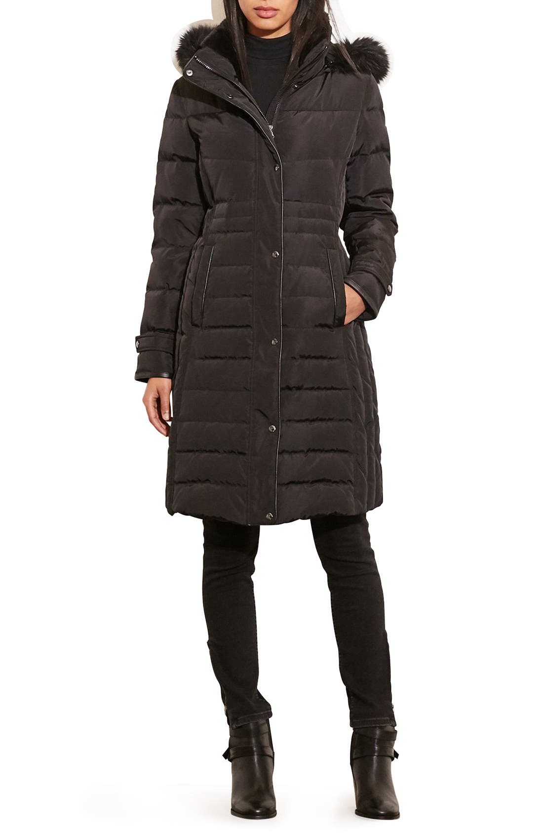 Lauren Ralph Lauren Quilted Three Quarter Coat with Faux Fur Trim