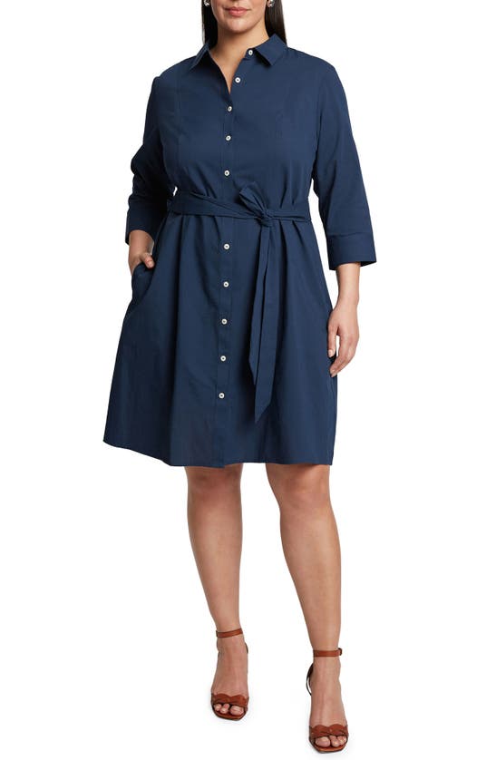 Shop Foxcroft Fiona Belted Seersucker Shirtdress In Navy