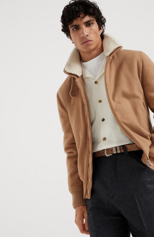 Shop Brunello Cucinelli Lightweight Water-resistant Cashmere Bomber Jacket With Detachable Shearling Inse In Camel